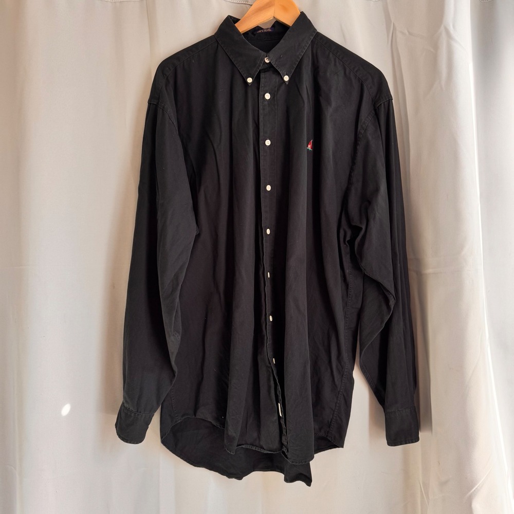 VTG Nordstrom Norsport Mens Black Button Up Long Sleeve Tall Shirt Sailboat Logo